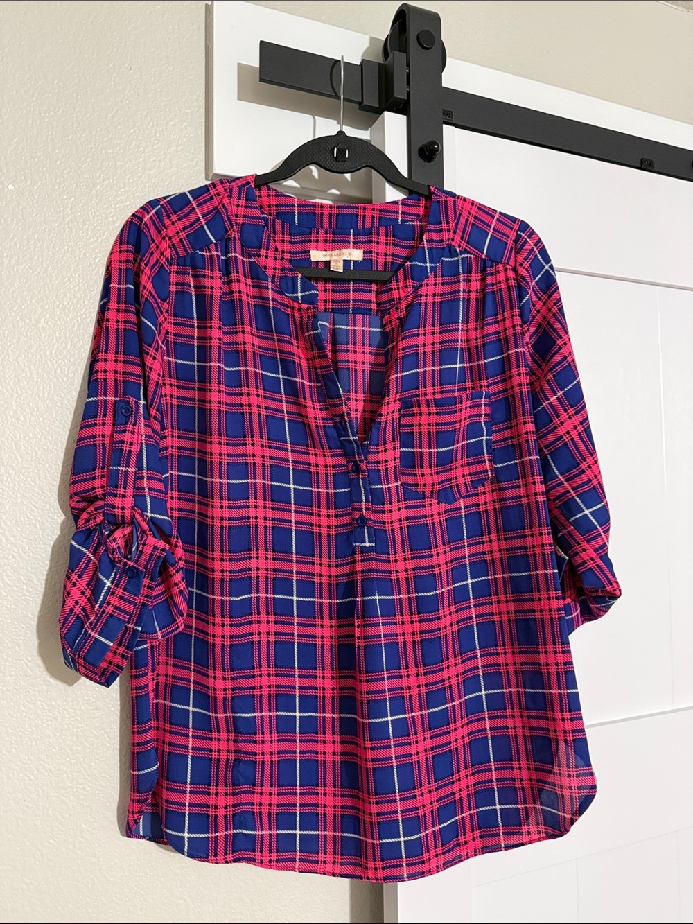Skies Are Blue Plaid Roll-Tab Blouse - Pink & Navy